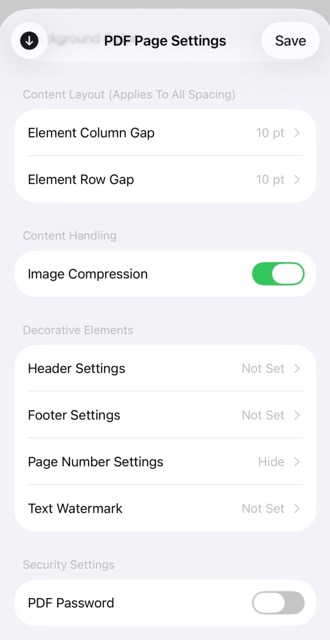PDF page settings: size, orientation, margins, headers, watermarks