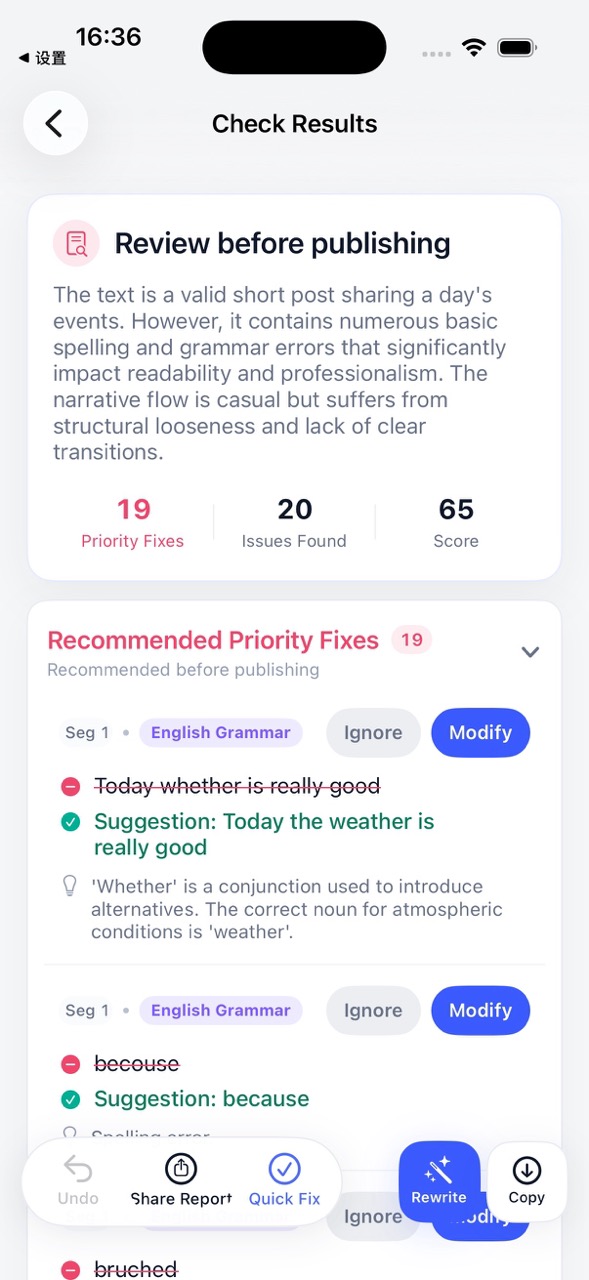 Check copywriting results with issues and suggestions