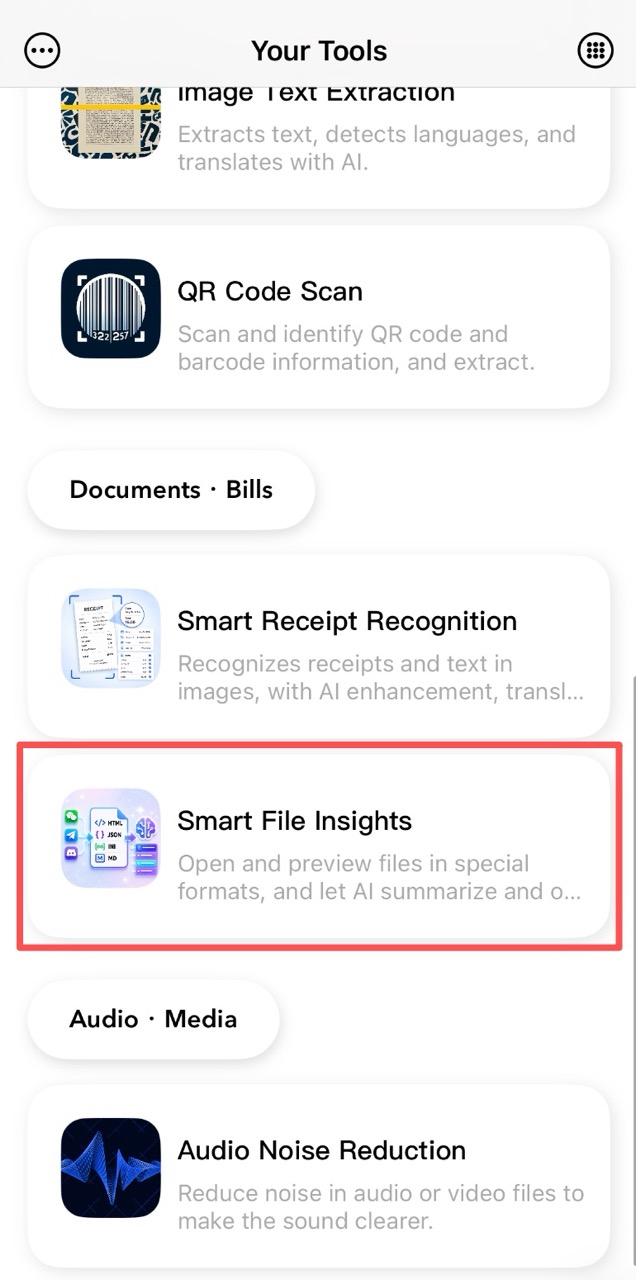 Smart File Insight file list and import screen