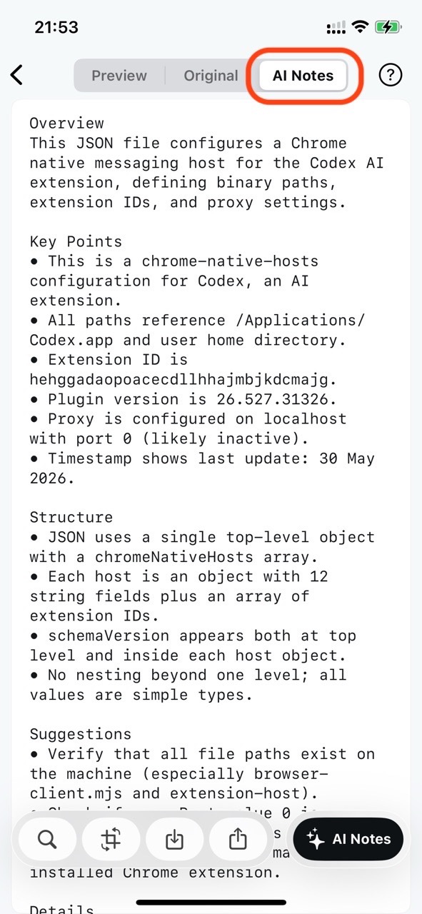 AI organized result with summary and field explanations